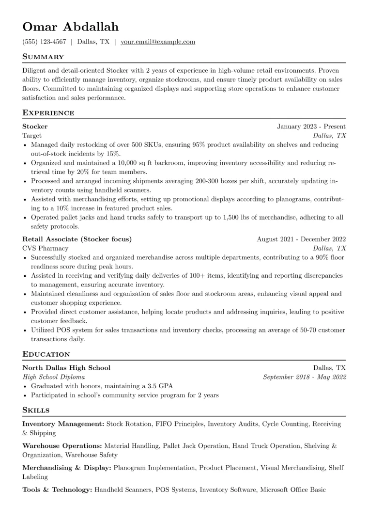 Stocker Resume Example CV template preview
