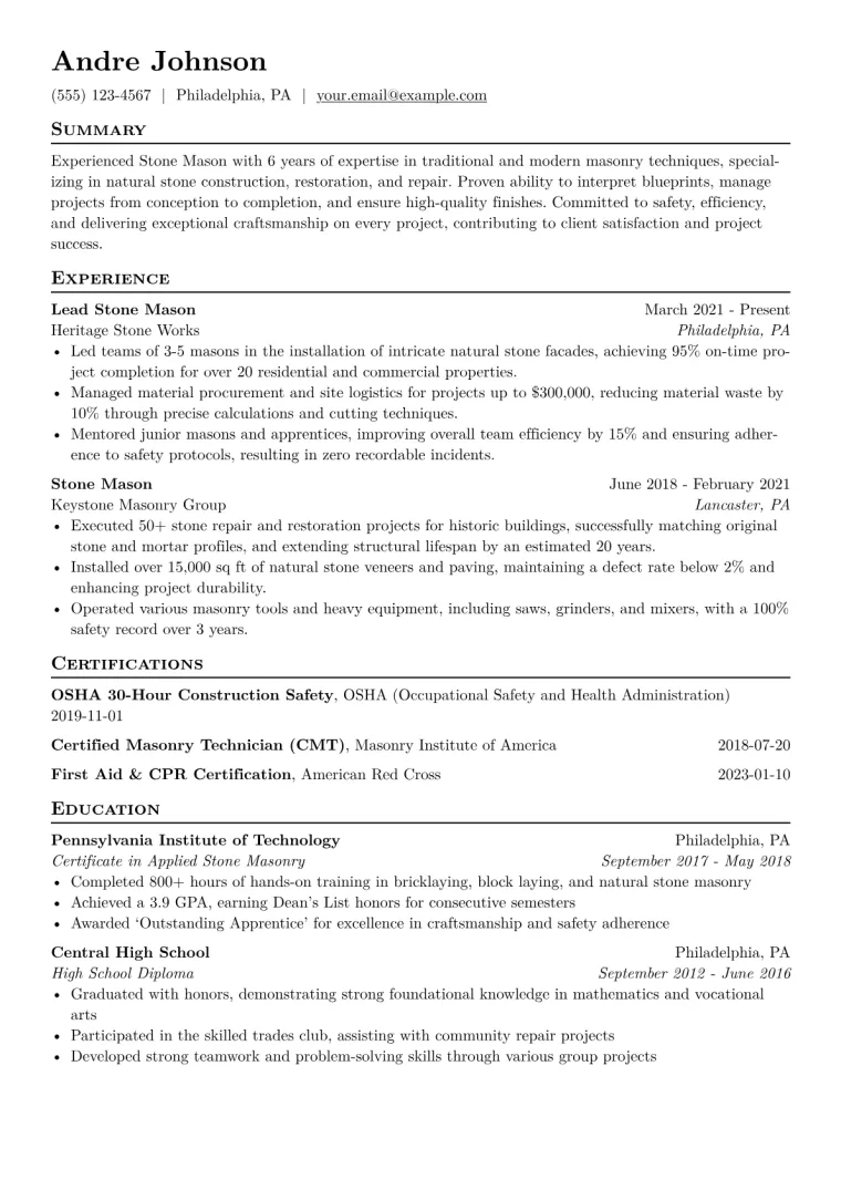Stone Mason Resume Example CV template preview