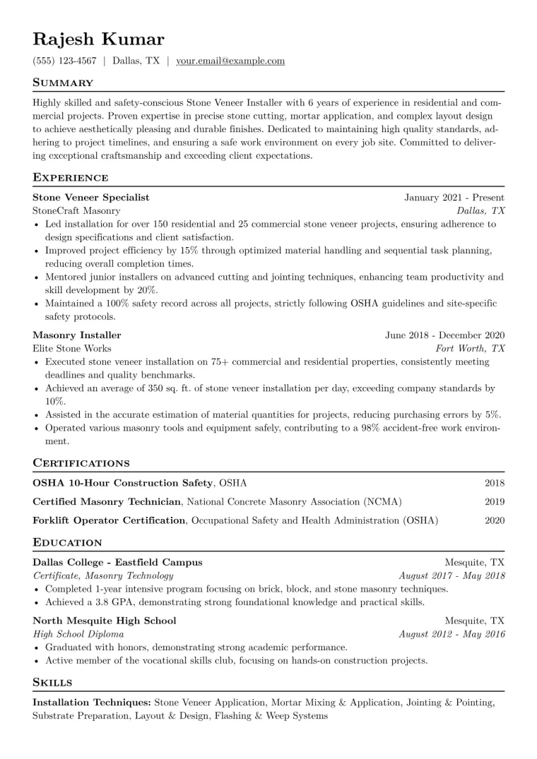 Stone Veneer Installer Resume Example CV template preview