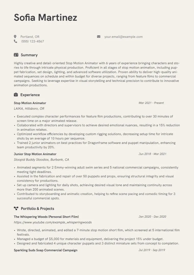 Stop Motion Animator Resume Example CV template preview