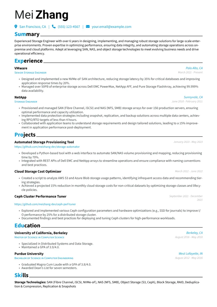 Storage Engineer Resume Example CV template preview