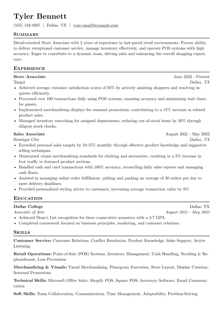 Store Associate Resume Example CV template preview