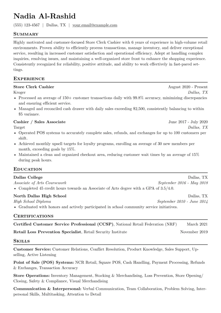 Store Clerk Cashier Resume Example CV template preview