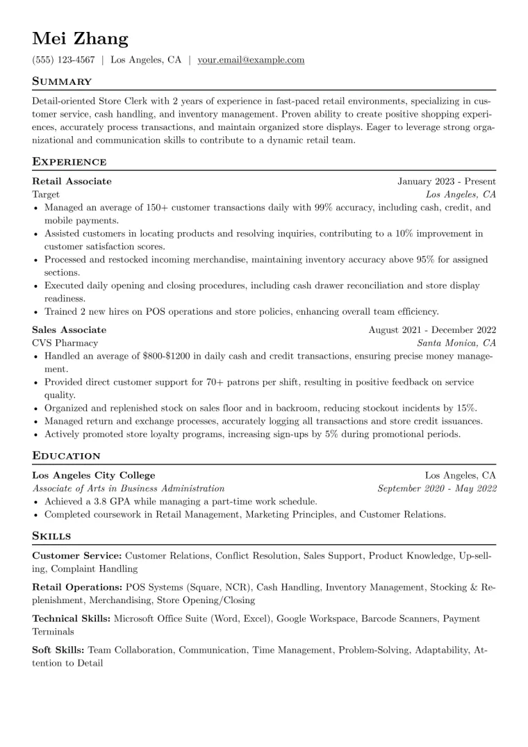 Store Clerk Resume Example CV template preview