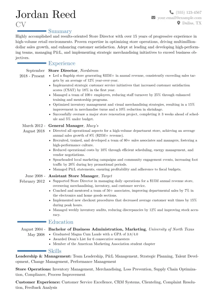 Store Director Resume Example CV template preview