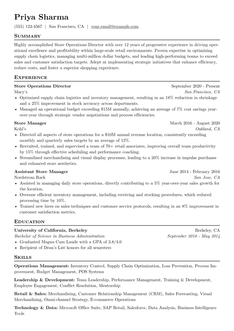 Store Operations Director Resume Example CV template preview