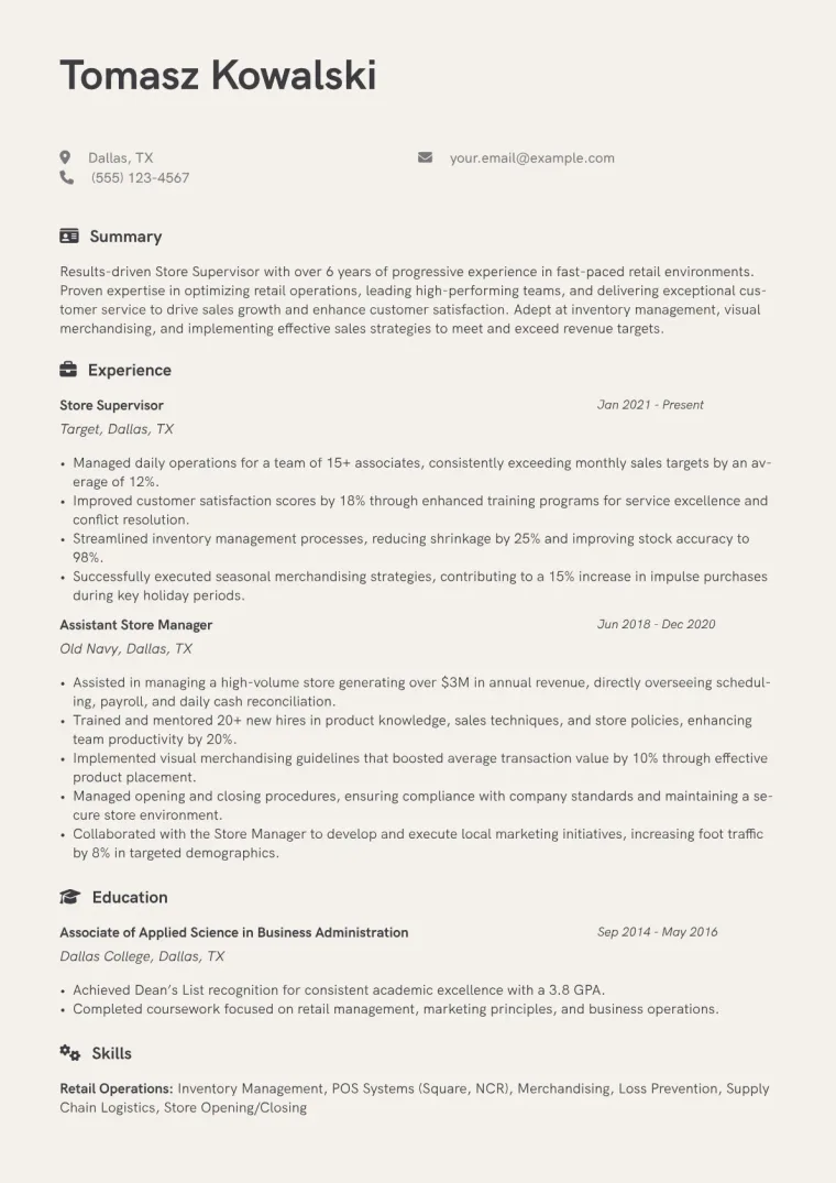 Store Supervisor Resume Example CV template preview