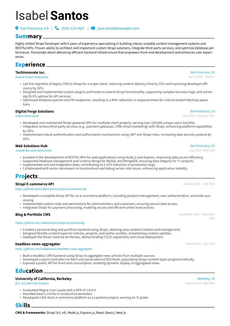 Strapi Developer Resume Example CV template preview