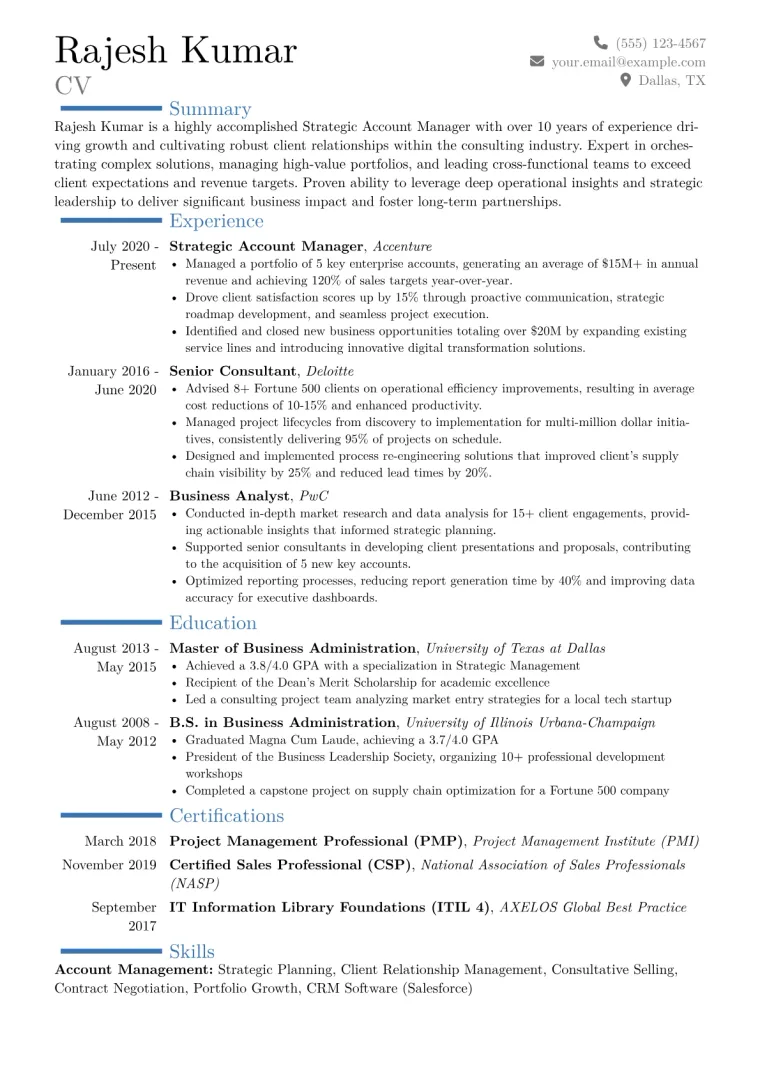 Strategic Account Manager Resume Example CV template preview