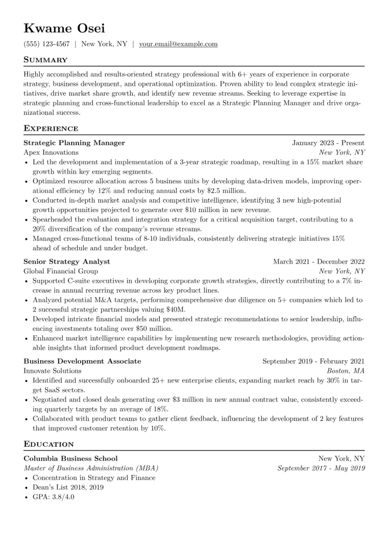 Strategic Planning Manager Resume Example CV template preview