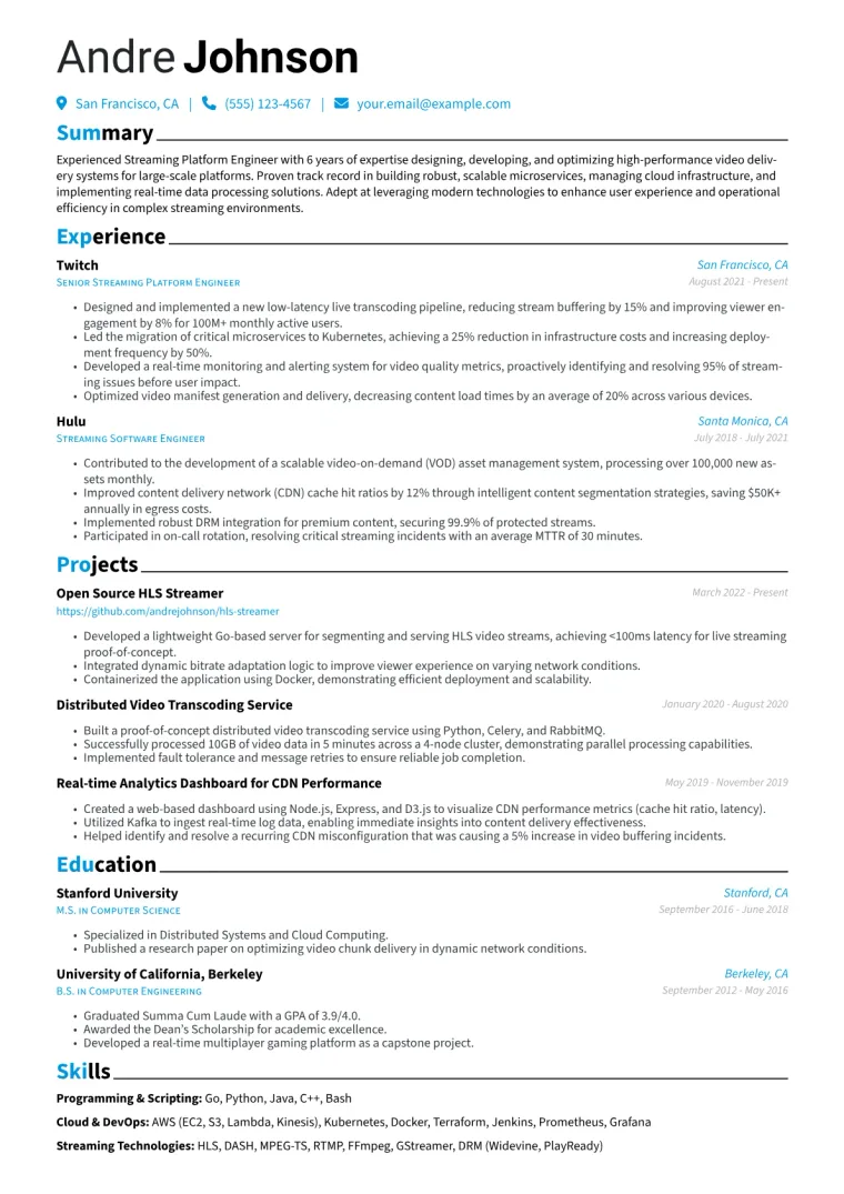 Streaming Platform Engineer Resume Example CV template preview
