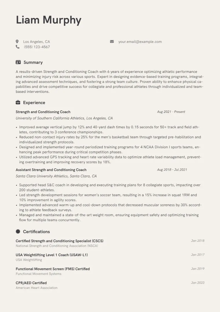 Strength and Conditioning Coach Resume Example CV template preview
