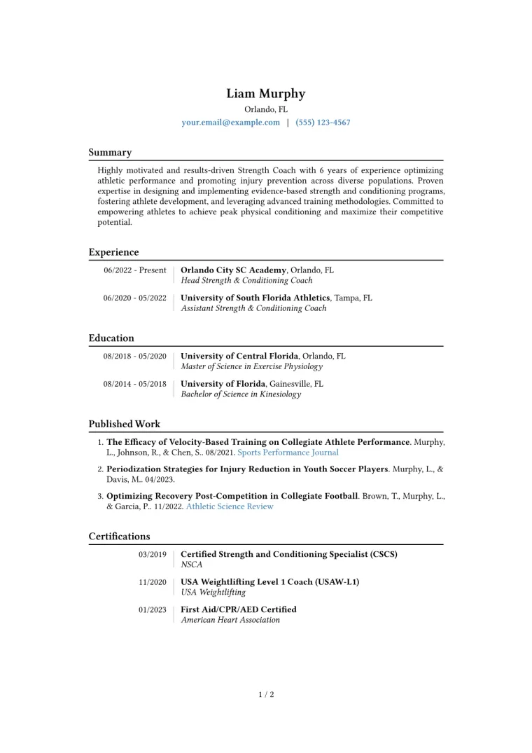 Strength Coach Resume Example CV template preview