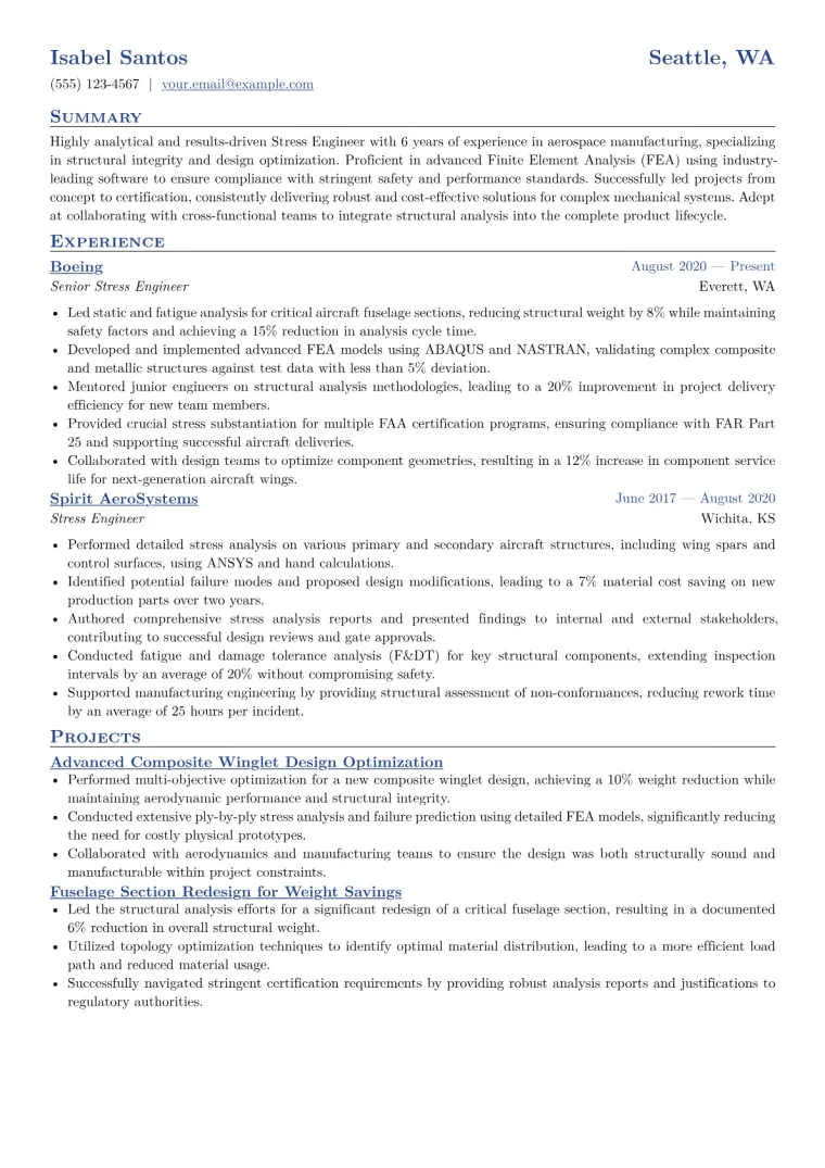 Stress Engineer Resume Example CV template preview