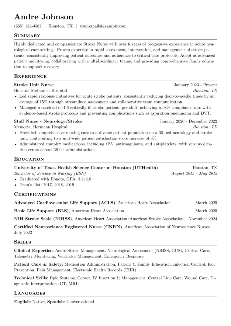 Stroke Nurse Resume Example CV template preview