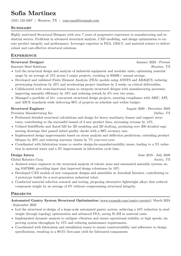 Structural Designer Resume Example preview