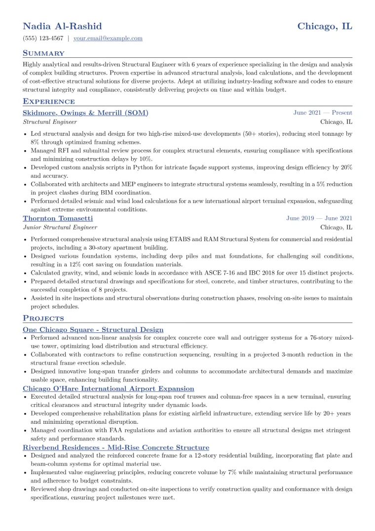 Structural Engineer Resume Example CV template preview