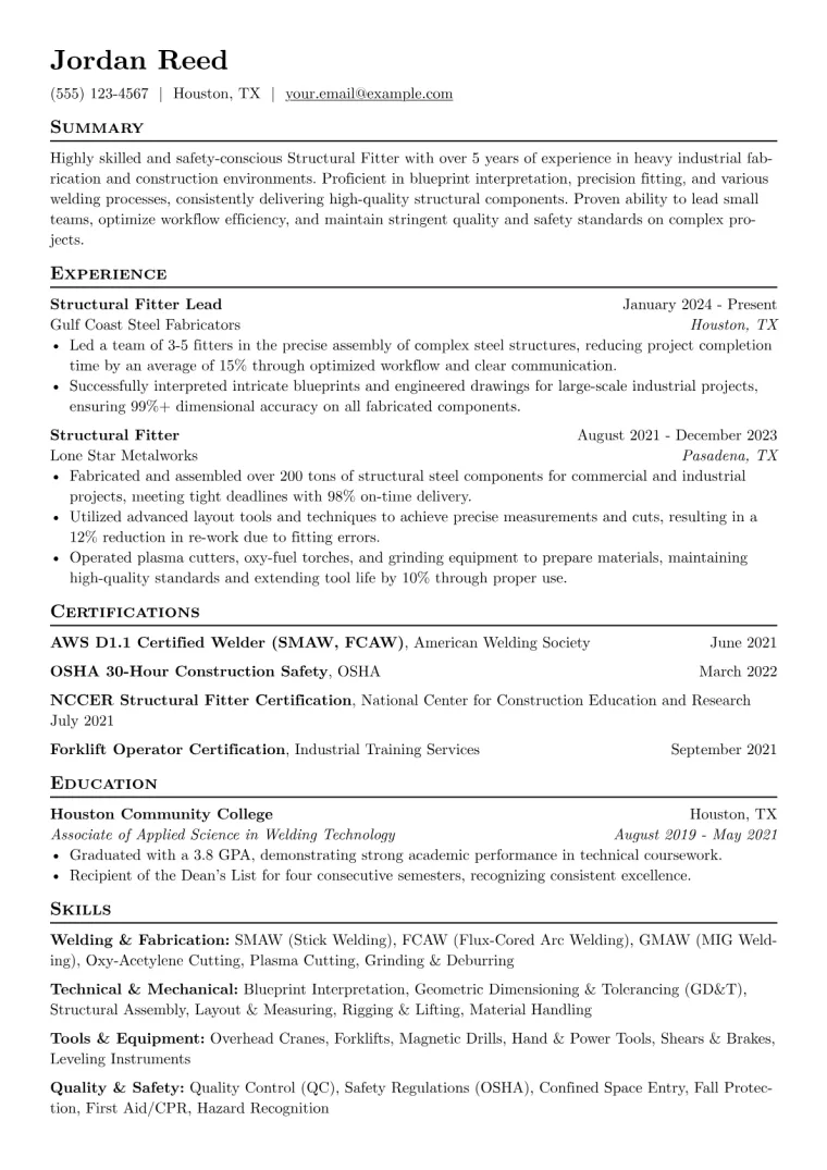 Structural Fitter Resume Example CV template preview