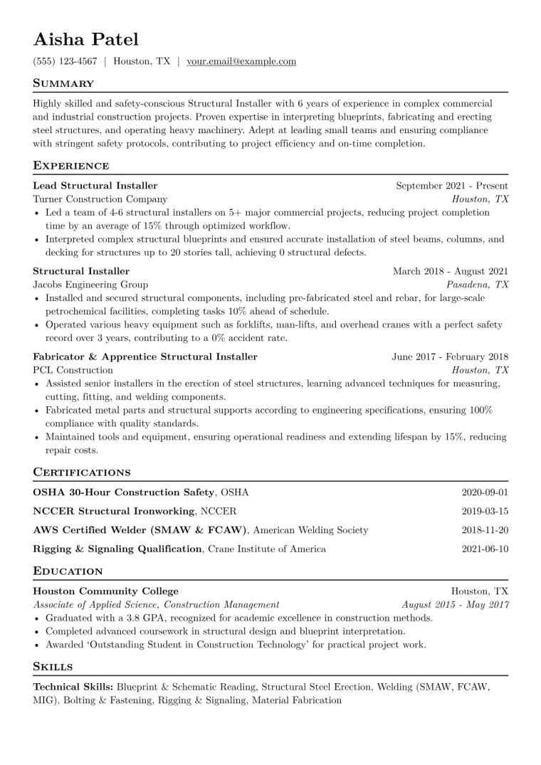 Structural Installer Resume Example CV template preview