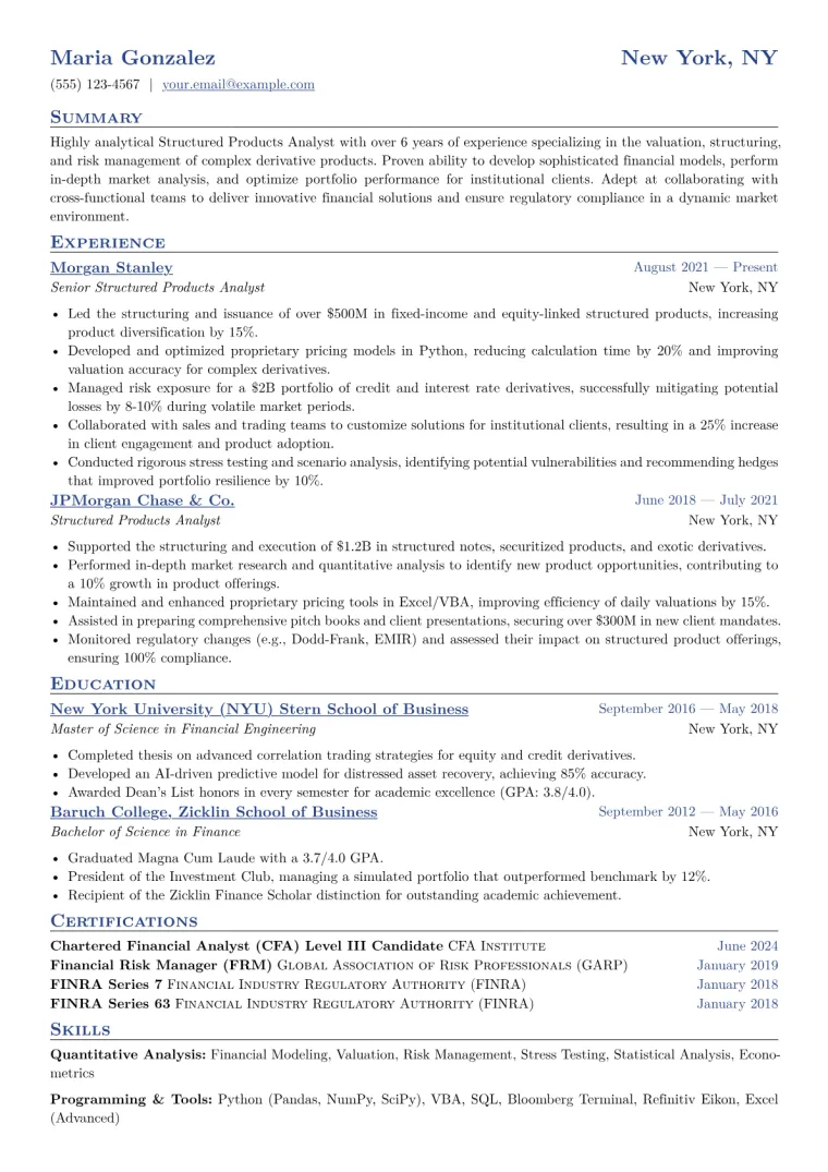 Structured Products Analyst Resume Example CV template preview