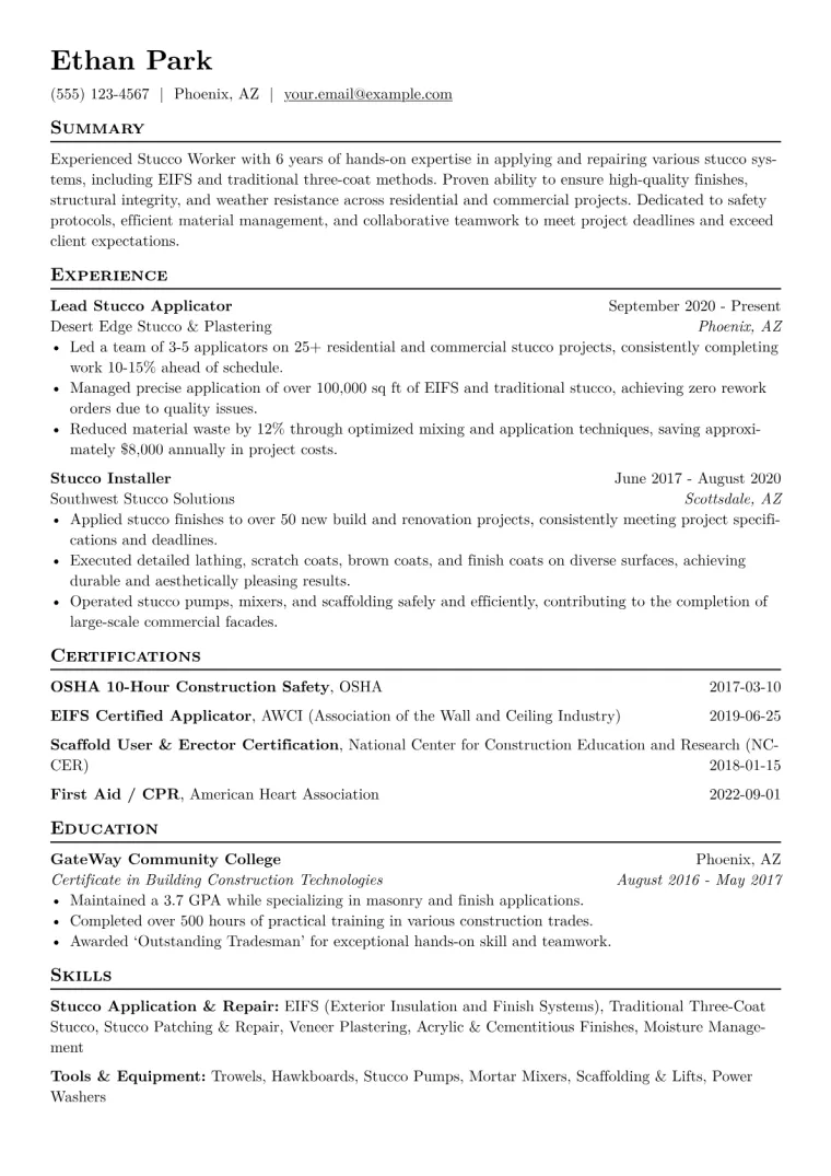 Stucco Worker Resume Example CV template preview