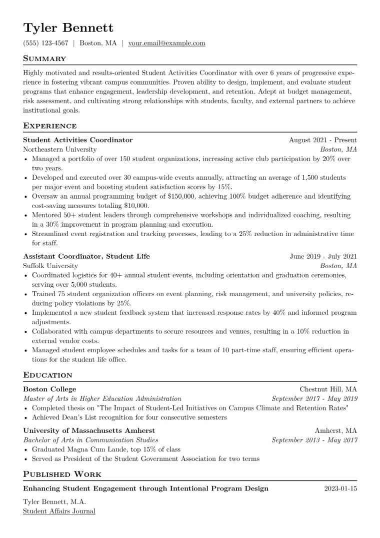 Student Activities Coordinator Resume Example CV template preview