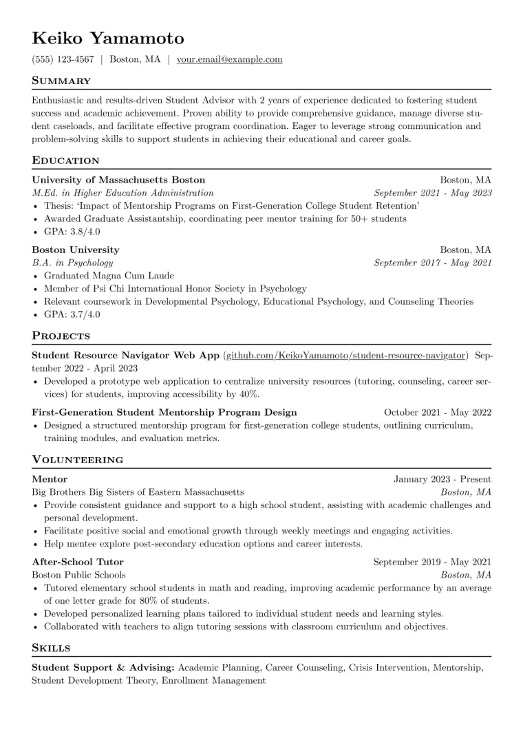 Student Advisor Resume Example CV template preview