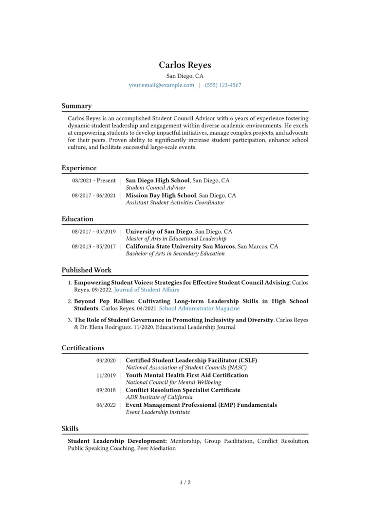Student Council Advisor Resume Example CV template preview
