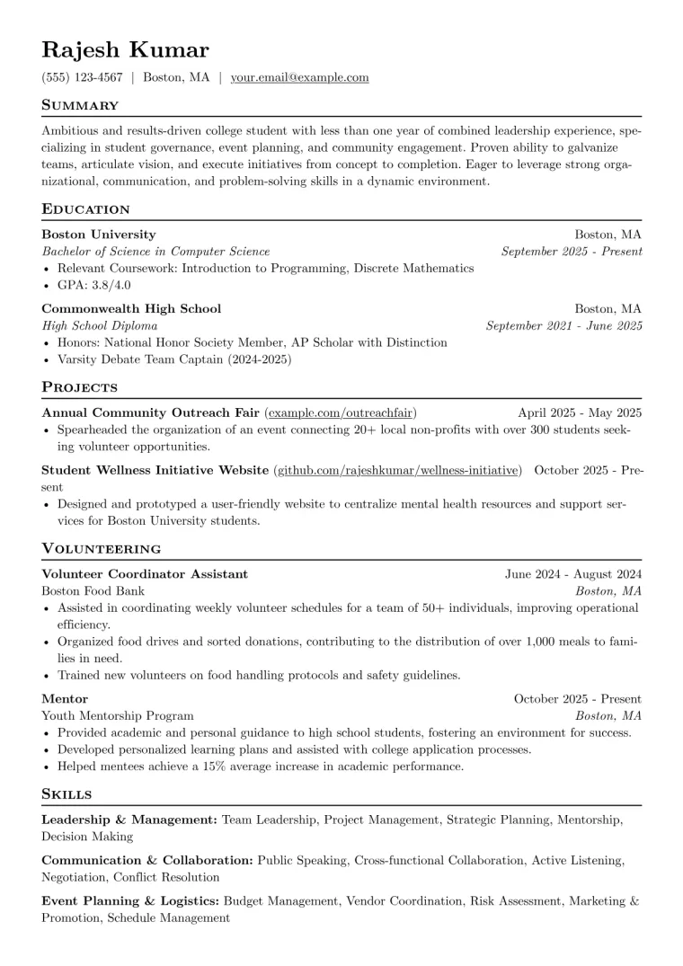 Student Council Member Resume Example CV template preview