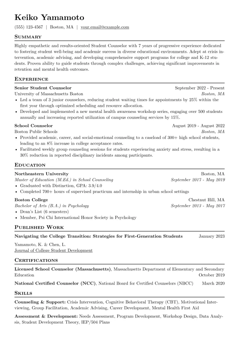 Student Counselor Resume Example preview
