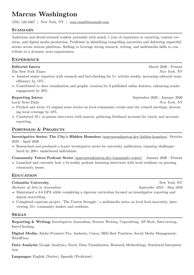 Student Journalist Resume Example CV template preview
