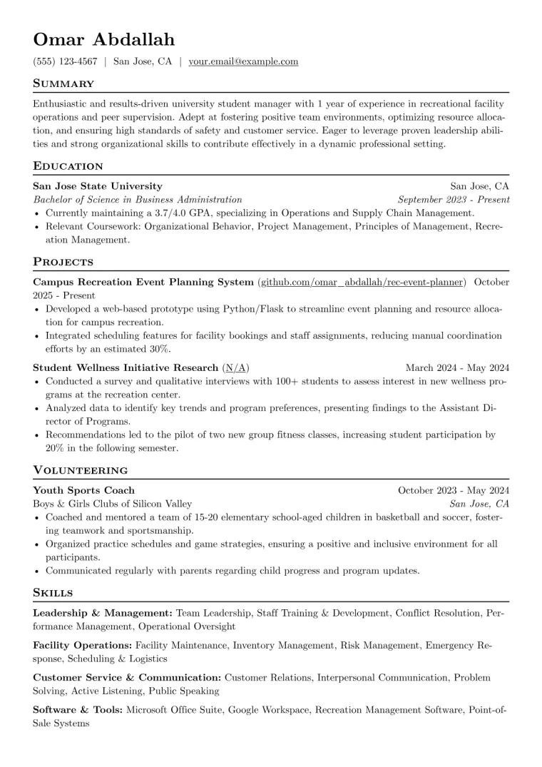 Student Manager Resume Example CV template preview