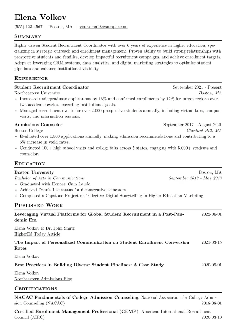 Student Recruitment Coordinator Resume Example CV template preview