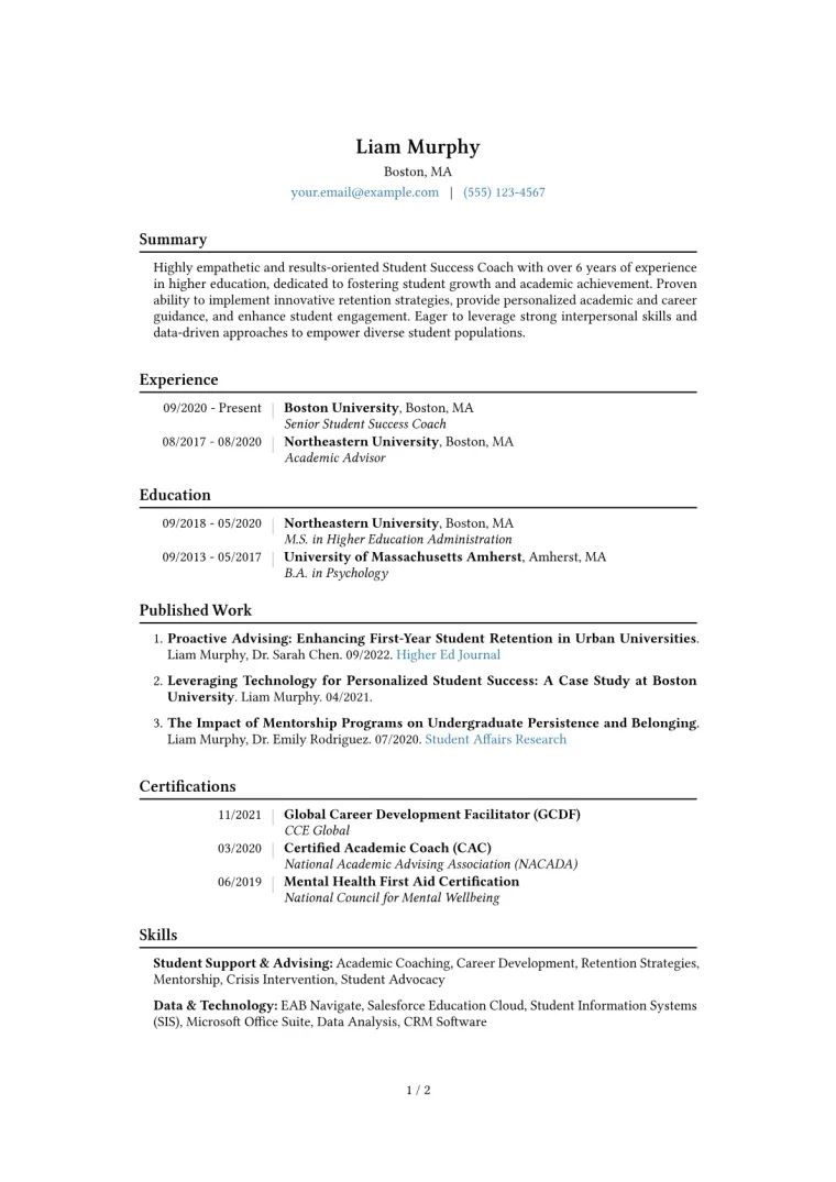 Student Success Coach Resume Example CV template preview