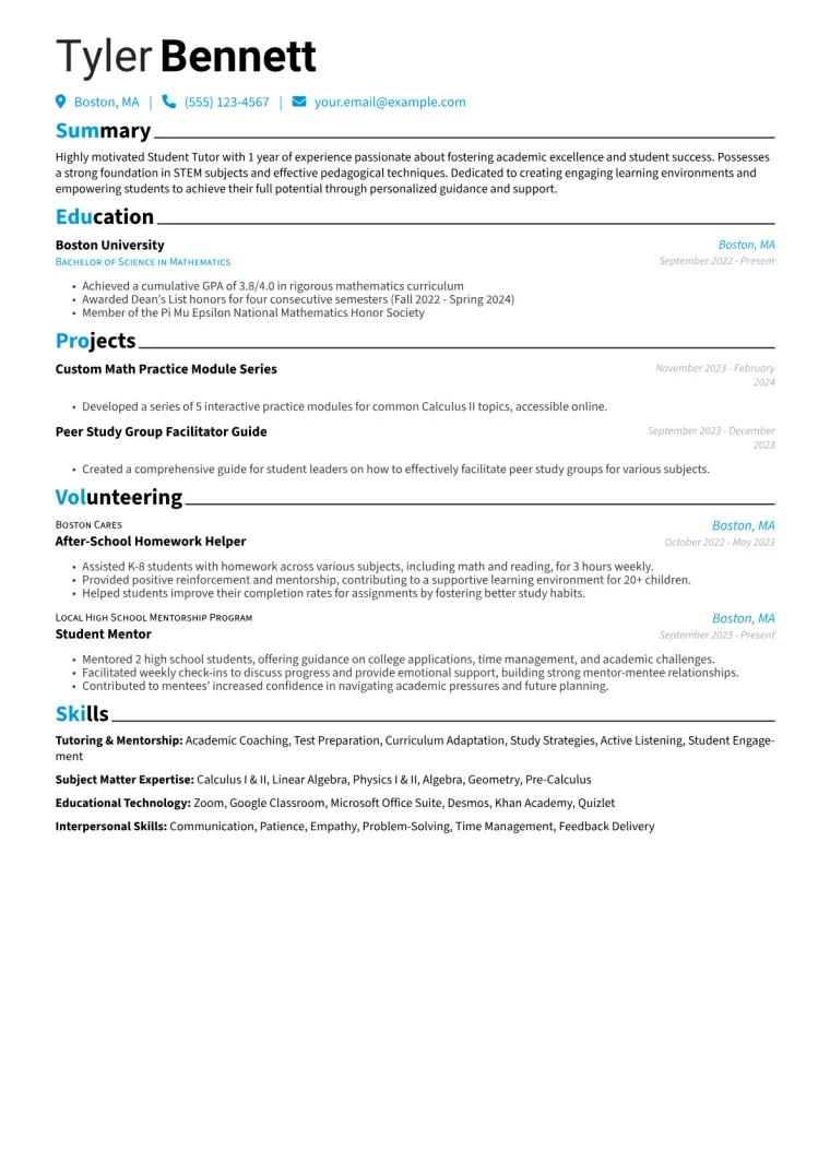 Student Tutor Resume Example CV template preview