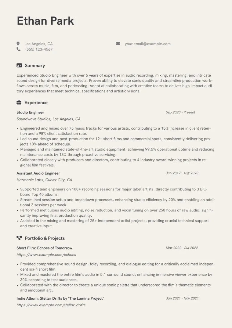 Studio Engineer Resume Example CV template preview