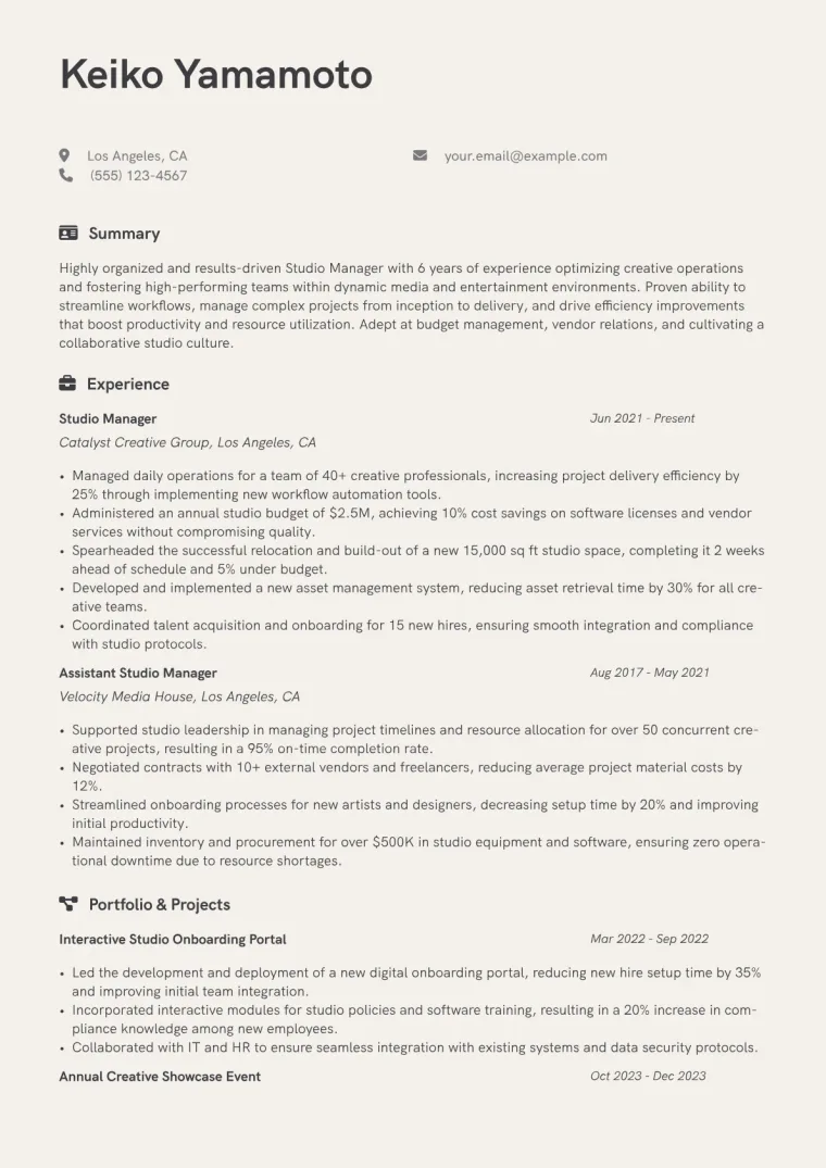 Studio Manager Resume Example CV template preview