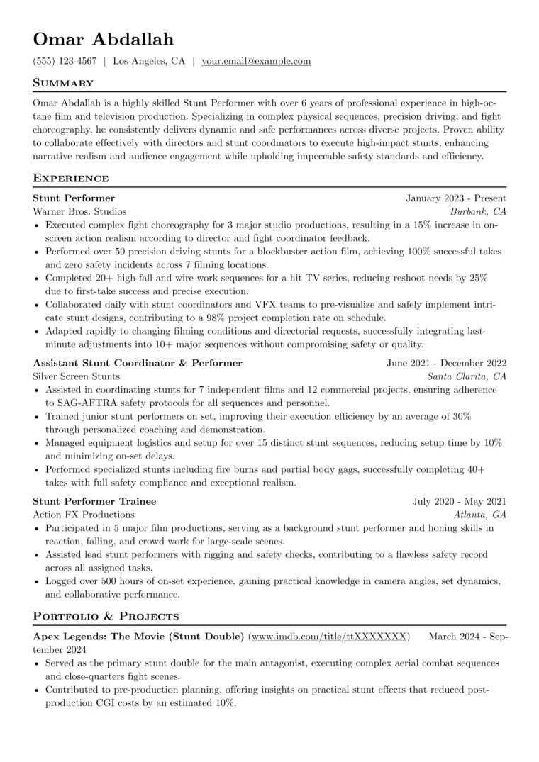 Stunt Performer Resume Example CV template preview
