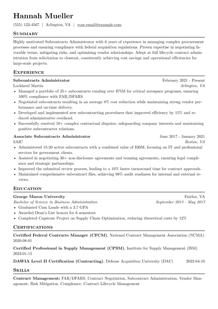 Subcontracts Administrator Resume Example CV template preview
