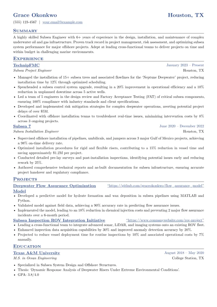 Subsea Engineer Resume Example CV template preview
