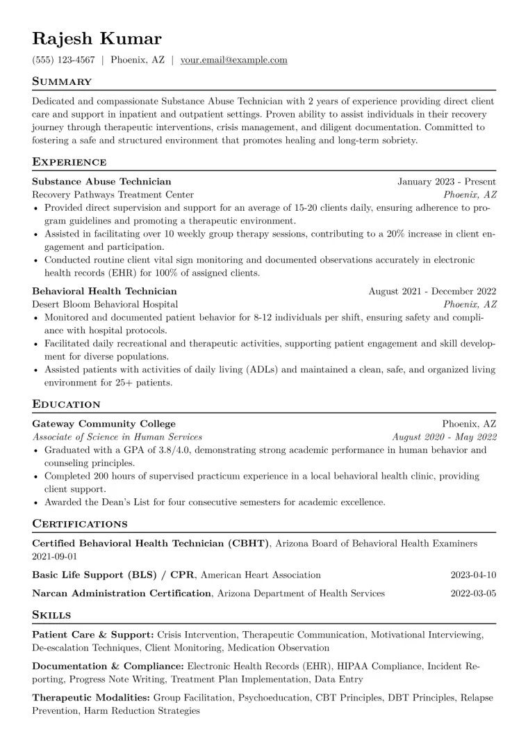 Substance Abuse Technician Resume Example CV template preview