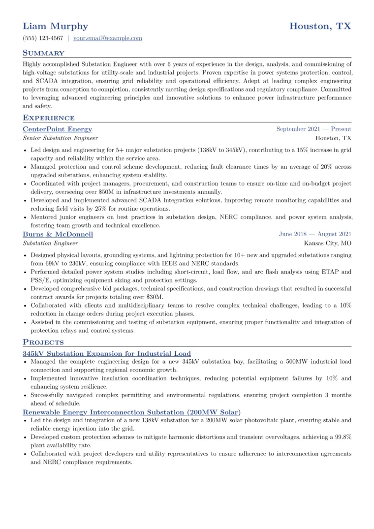 Substation Engineer Resume Example CV template preview