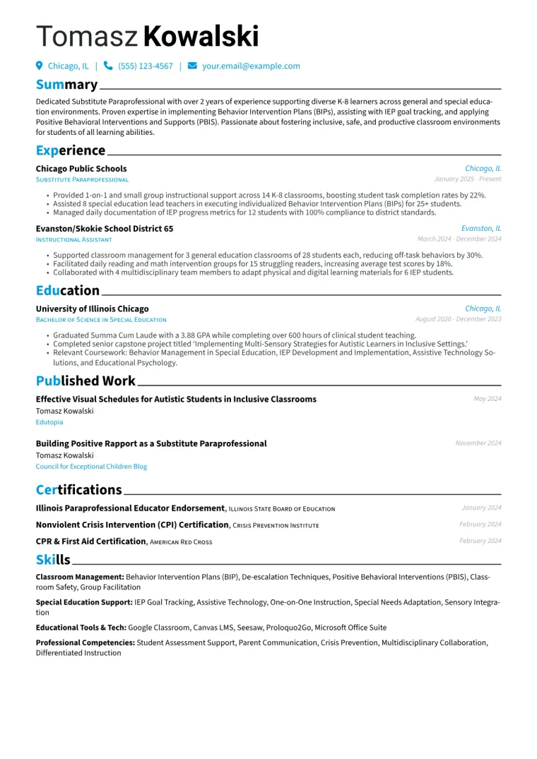 Substitute Paraprofessional Resume Example preview