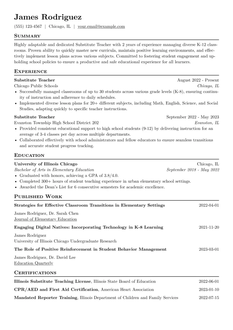 Substitute Teacher Resume Example CV template preview