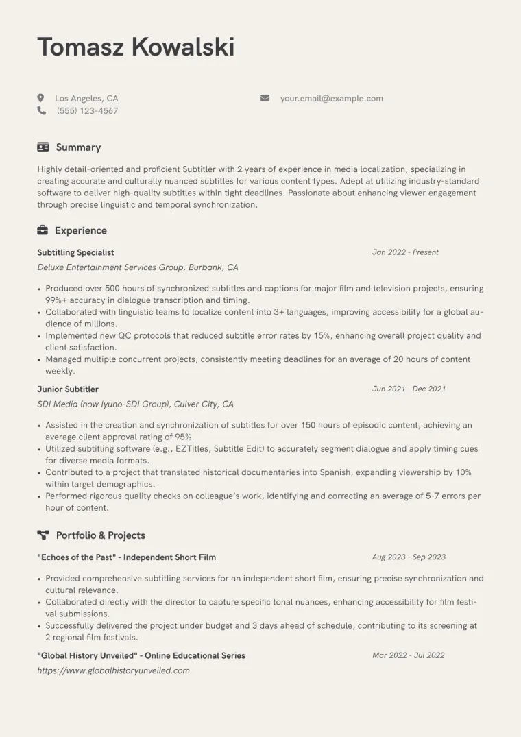 Subtitler Resume Example CV template preview