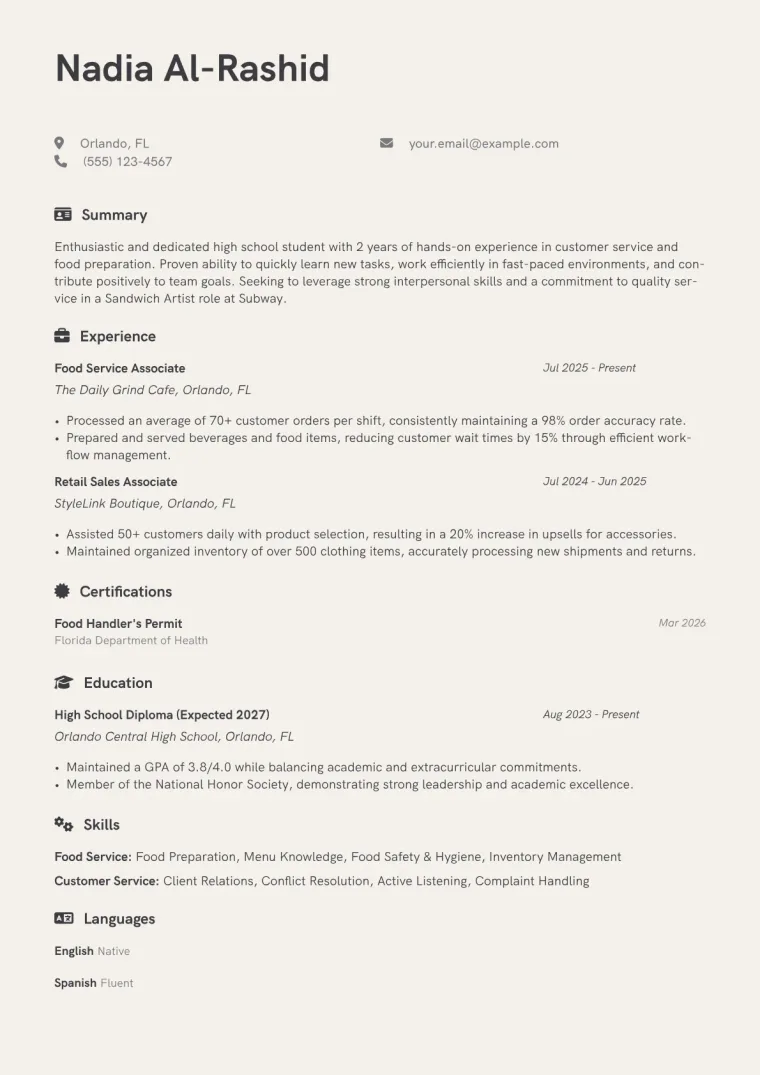 Subway Resume Example CV template preview