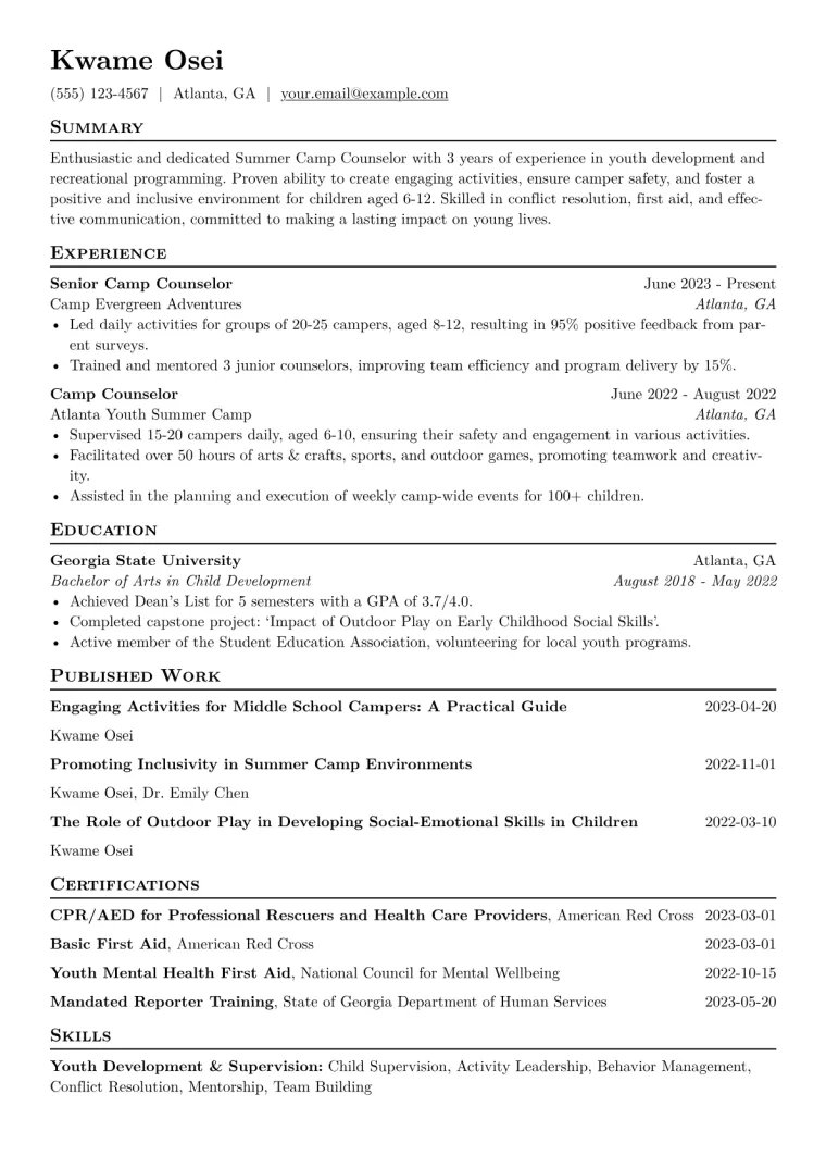 Summer Camp Counselor Resume Example CV template preview