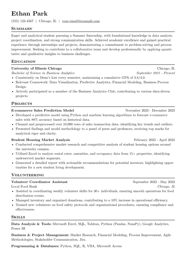 Summer Intern Resume Example CV template preview