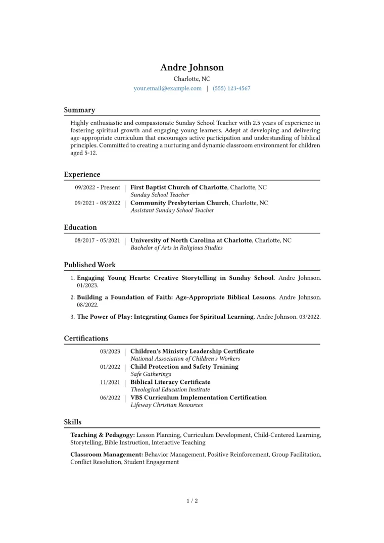 Sunday School Teacher Resume Example CV template preview