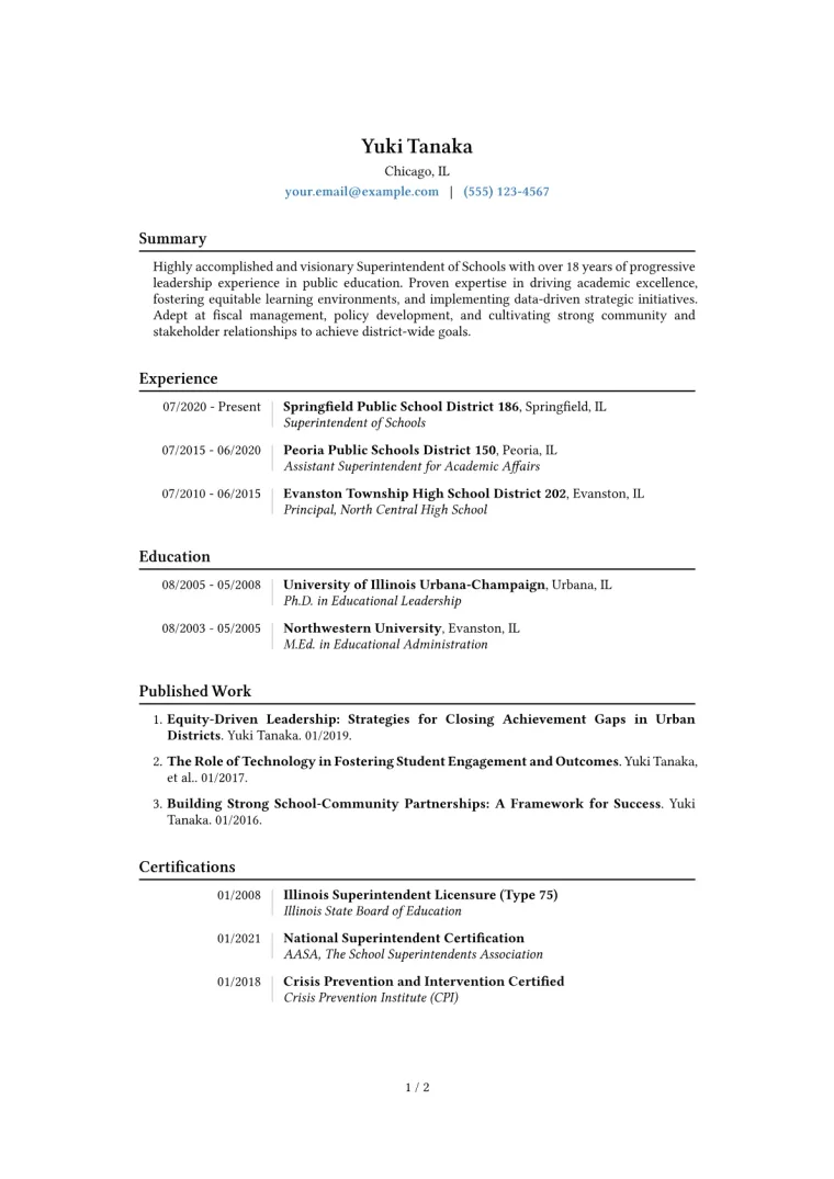 Superintendent of Schools Resume Example CV template preview